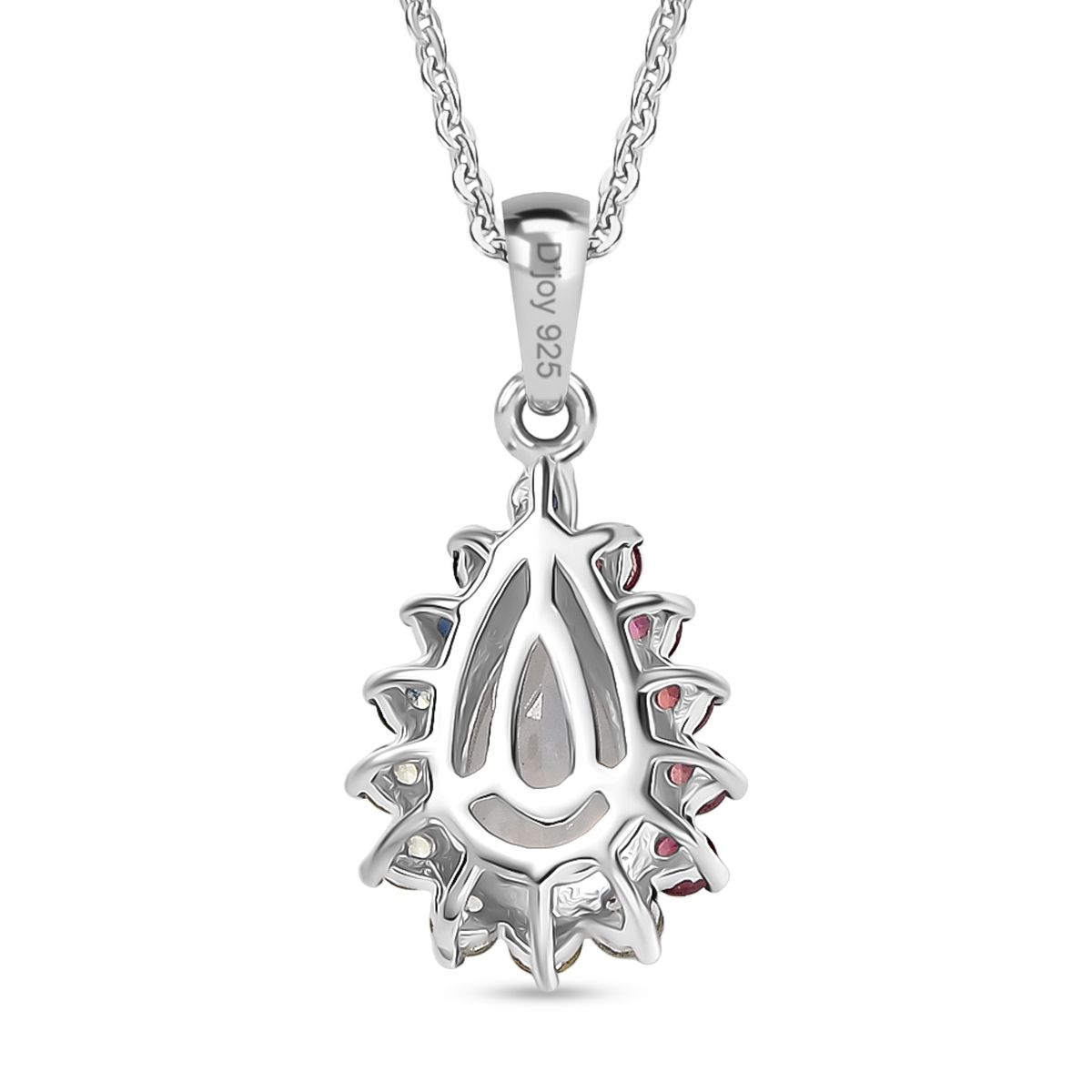 D'joy AAA Premium Malagasy Mondstein, Mehrfarbiger Saphir Cosmic Dewdrop Anhänger mit Kette ca. 50 cm, 925 Silber rhodiniert ca. 1.40 ct