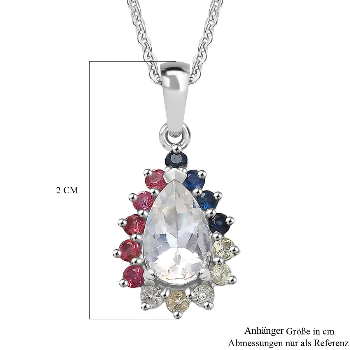 D'joy AAA Premium Malagasy Mondstein, Mehrfarbiger Saphir Cosmic Dewdrop Anhänger mit Kette ca. 50 cm, 925 Silber rhodiniert ca. 1.40 ct