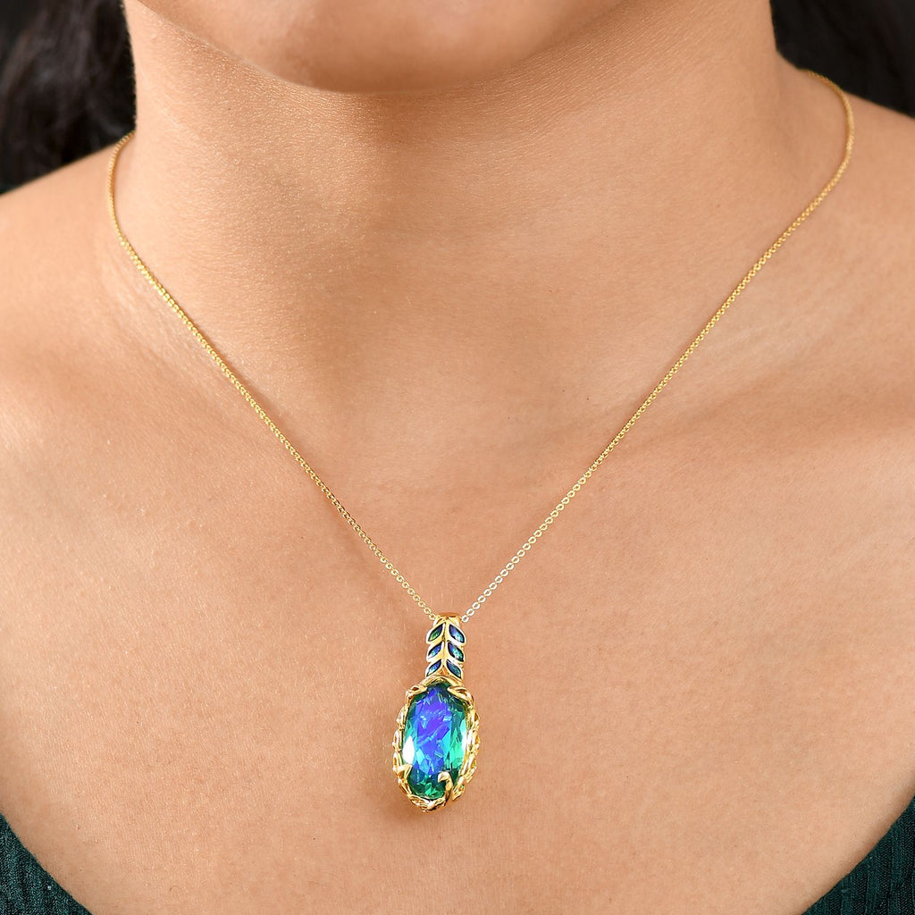 D'joy Pfau Quarz Triplette Anhänger mit Kette ca. 50 cm, 925 Silber 750 Gelbgold Vermeil ca. 10.04 ct