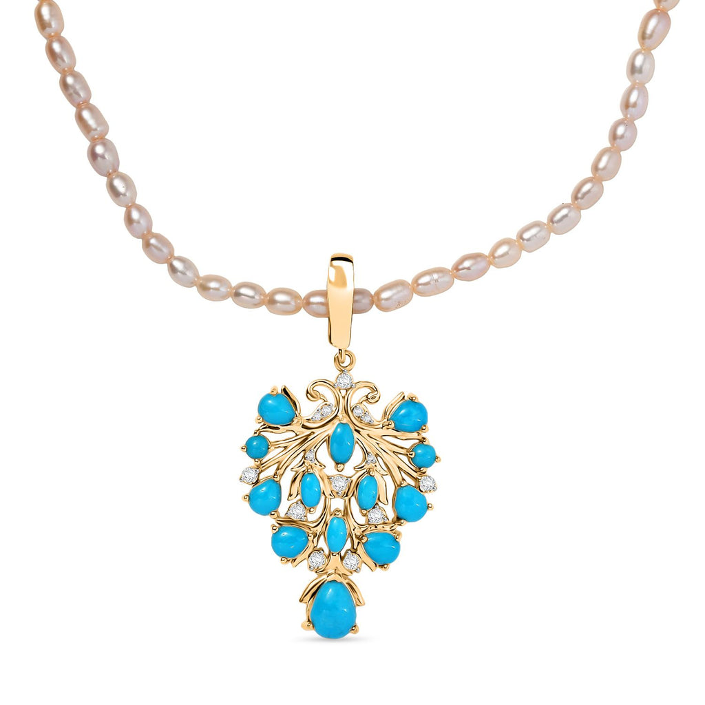 D joy Sleeping Beauty Türkis, Weiße Süßwasserperle Anhänger mit Kette, 925 Silber 750 Gelbgold Vermeil