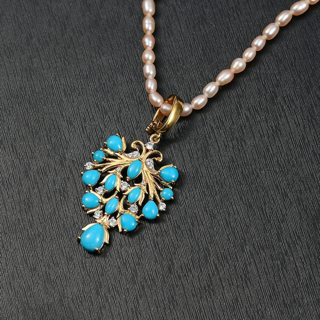 D joy Sleeping Beauty Türkis, Weiße Süßwasserperle Anhänger mit Kette, 925 Silber 750 Gelbgold Vermeil