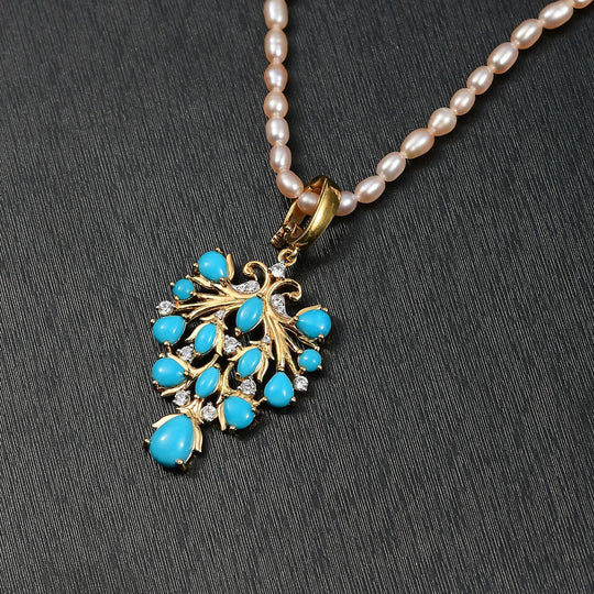 D joy Sleeping Beauty Türkis, Weiße Süßwasserperle Anhänger mit Kette, 925 Silber 750 Gelbgold Vermeil