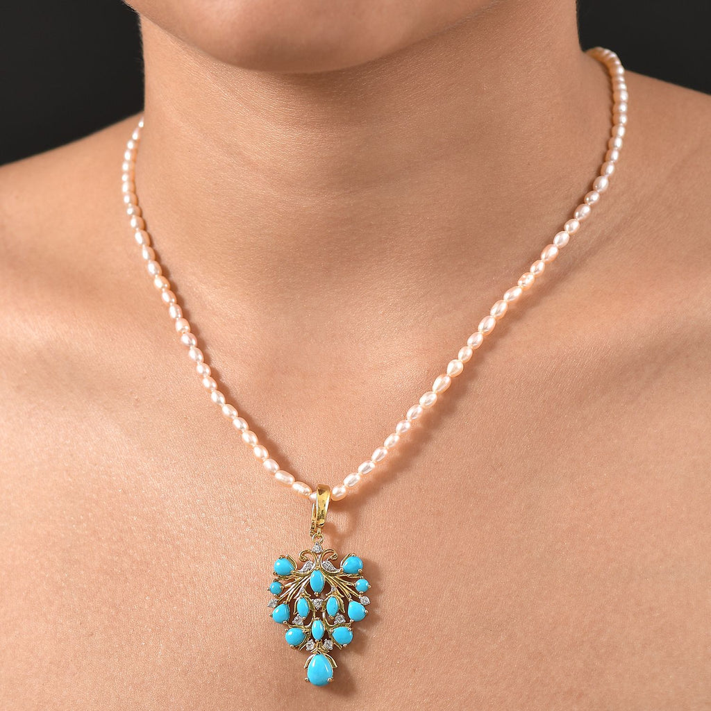 D joy Sleeping Beauty Türkis, Weiße Süßwasserperle Anhänger mit Kette, 925 Silber 750 Gelbgold Vermeil