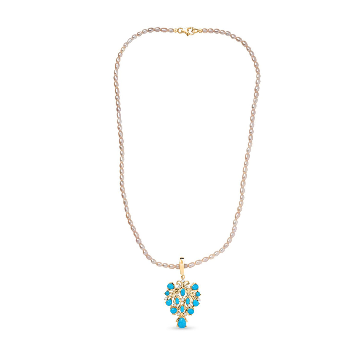 D joy Sleeping Beauty Türkis, Weiße Süßwasserperle Anhänger mit Kette, 925 Silber 750 Gelbgold Vermeil