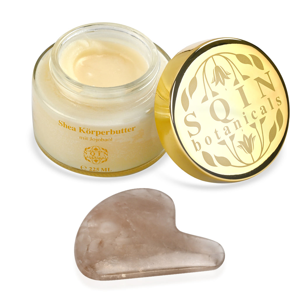 Shea Körperbutter mit Jojobaöl inkl. Rauchquarz Gua Sha, 225 ml