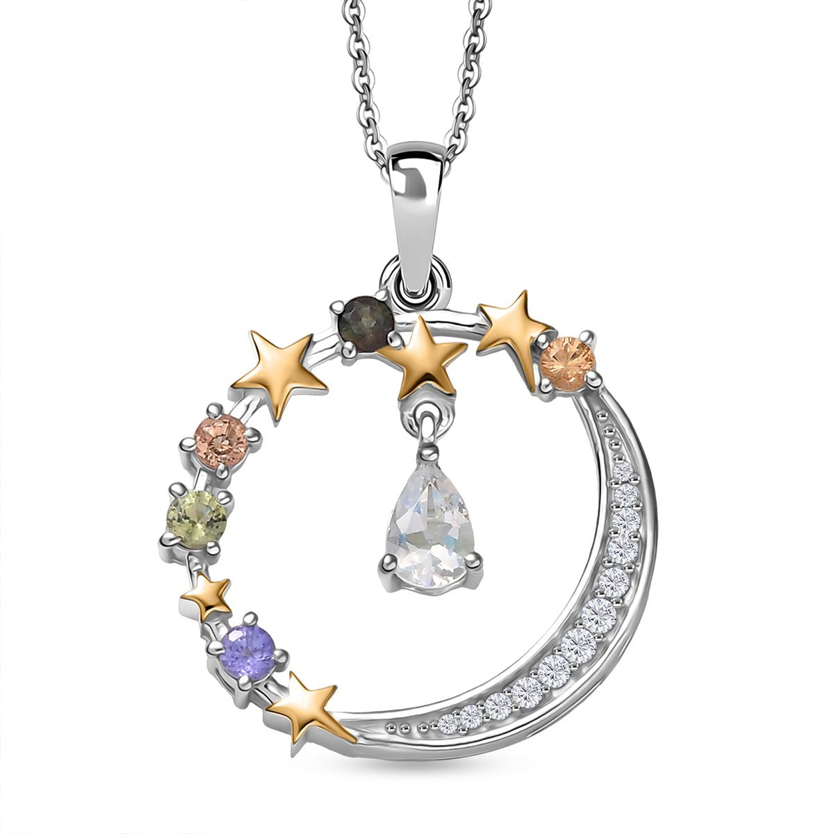 D'joy AAA Premium Malagasy Mondstein, Mehrfarbiger Saphir Starlight Whispers Anhänger mit Kette (ca. 50cm), 925 Silber platiniert und vergoldet ca. 1.21 ct