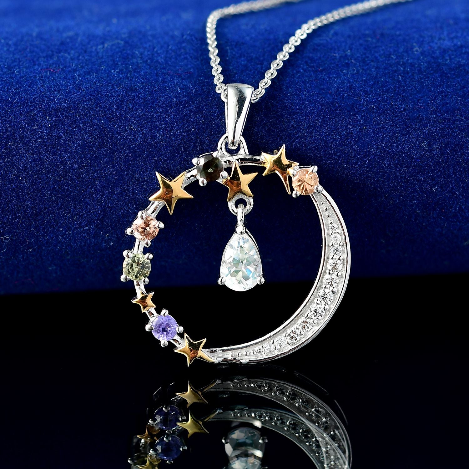 D'joy AAA Premium Malagasy Mondstein, Mehrfarbiger Saphir Starlight Whispers Anhänger mit Kette (ca. 50cm), 925 Silber platiniert und vergoldet ca. 1.21 ct