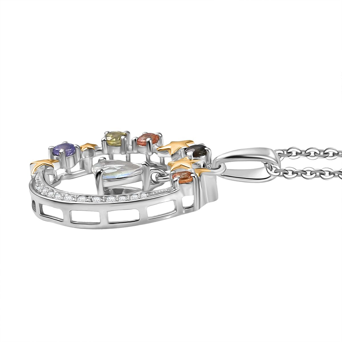 D'joy AAA Premium Malagasy Mondstein, Mehrfarbiger Saphir Starlight Whispers Anhänger mit Kette (ca. 50cm), 925 Silber platiniert und vergoldet ca. 1.21 ct
