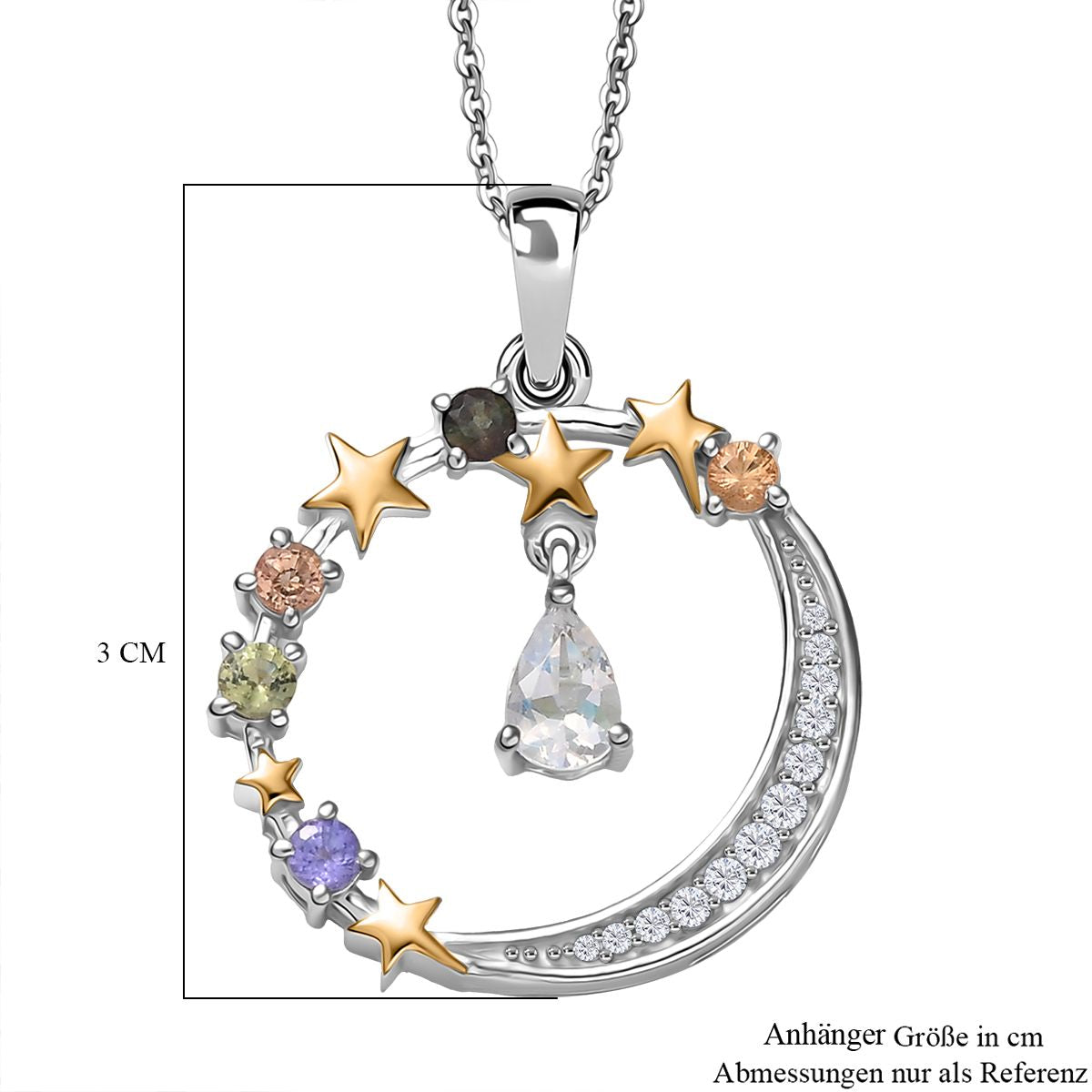 D'joy AAA Premium Malagasy Mondstein, Mehrfarbiger Saphir Starlight Whispers Anhänger mit Kette (ca. 50cm), 925 Silber platiniert und vergoldet ca. 1.21 ct