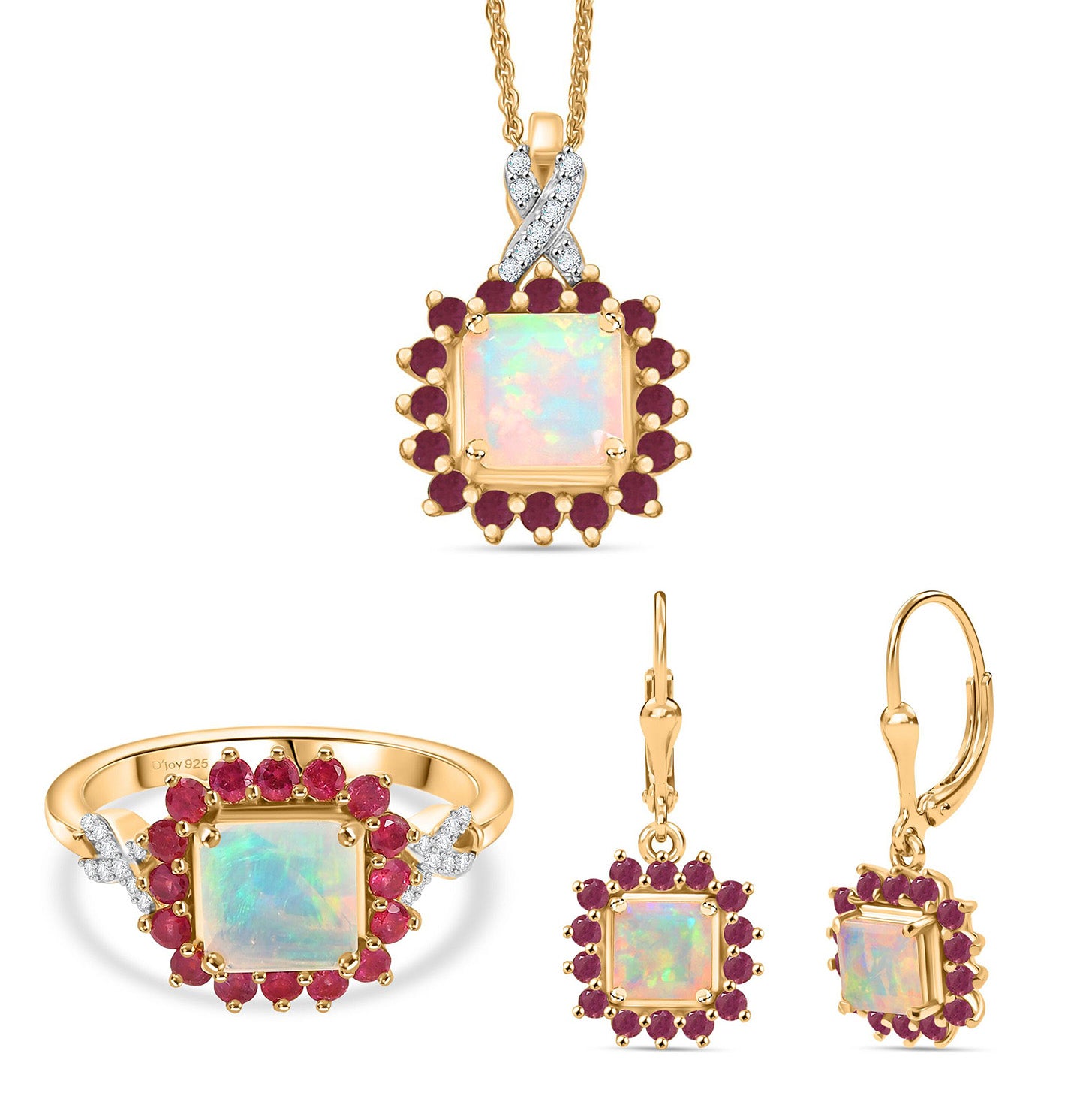 D'Joy äthiopisches Welo Opal, Niassa Rubin und Moissanit Schmuckset