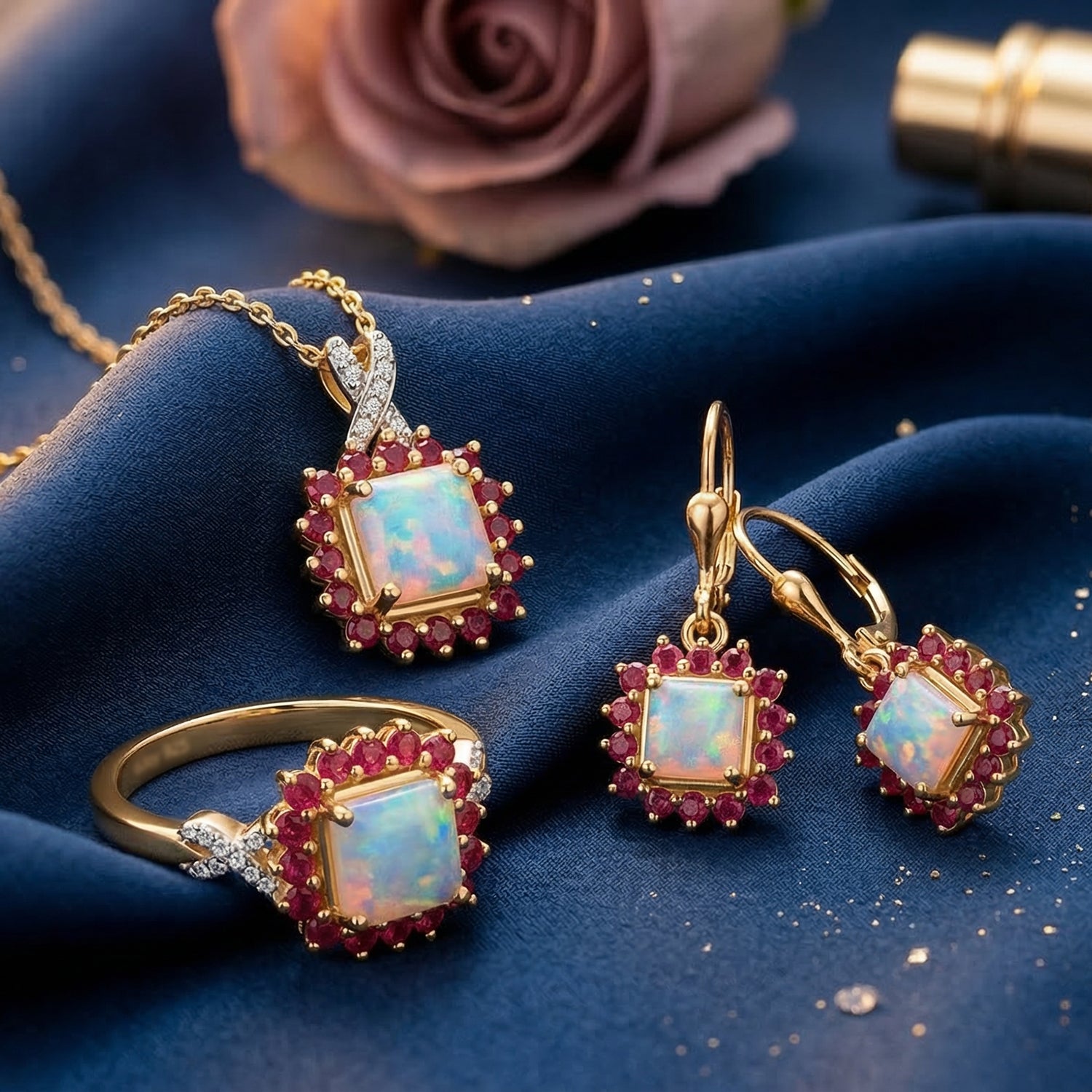 D'Joy äthiopisches Welo Opal, Niassa Rubin und Moissanit Schmuckset