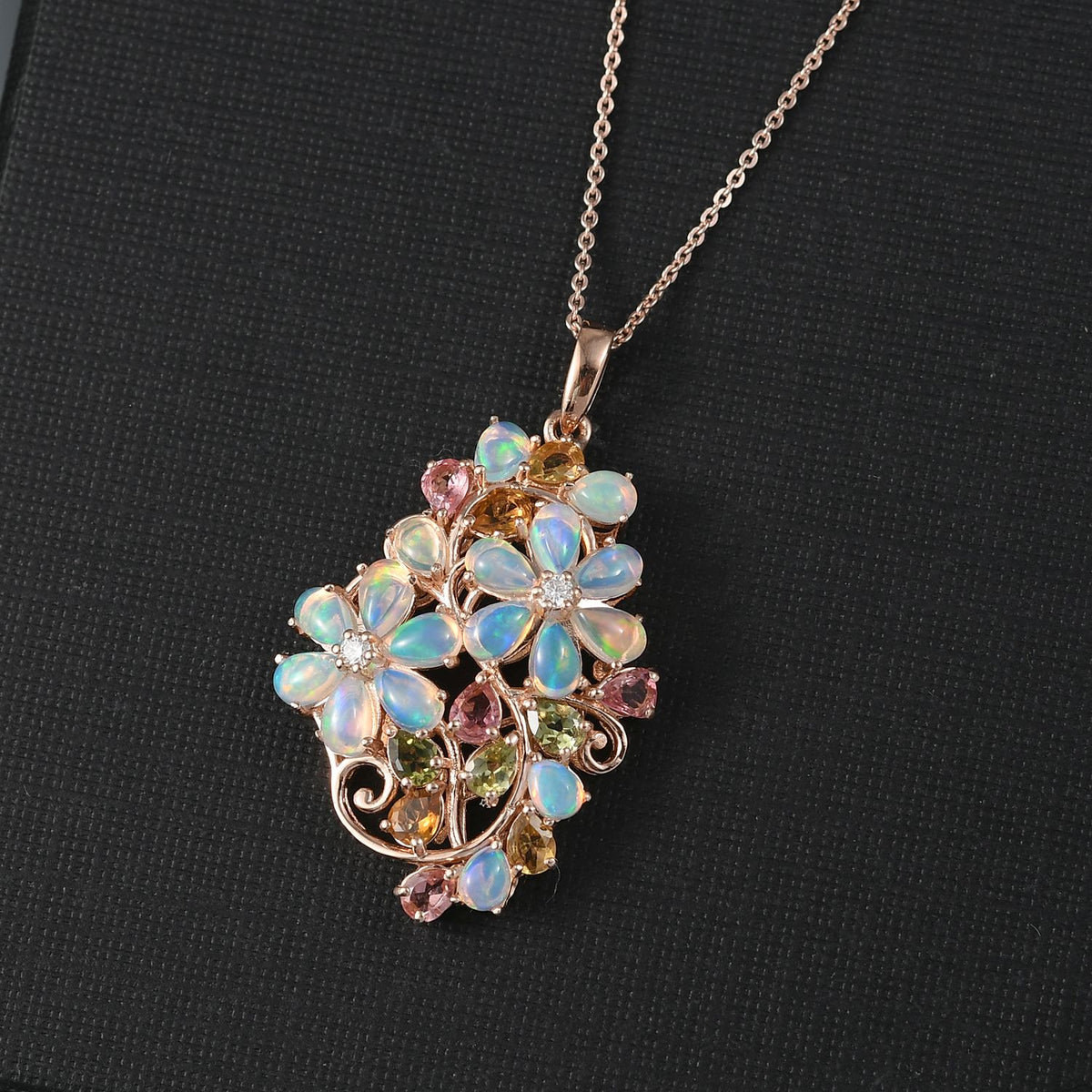 Flora Aurora - D joy Mehrfarbiger-Turmalin, Natürlicher, äthiopischer Welo Opal Anhänger mit Kette, 925 Silber 750 Roségold Vermeil ca. 4,23 ct.