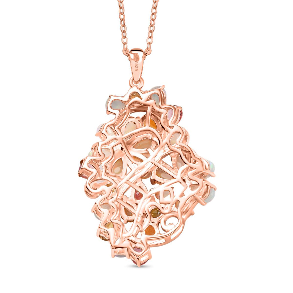 Flora Aurora - D joy Mehrfarbiger-Turmalin, Natürlicher, äthiopischer Welo Opal Anhänger mit Kette, 925 Silber 750 Roségold Vermeil ca. 4,23 ct.