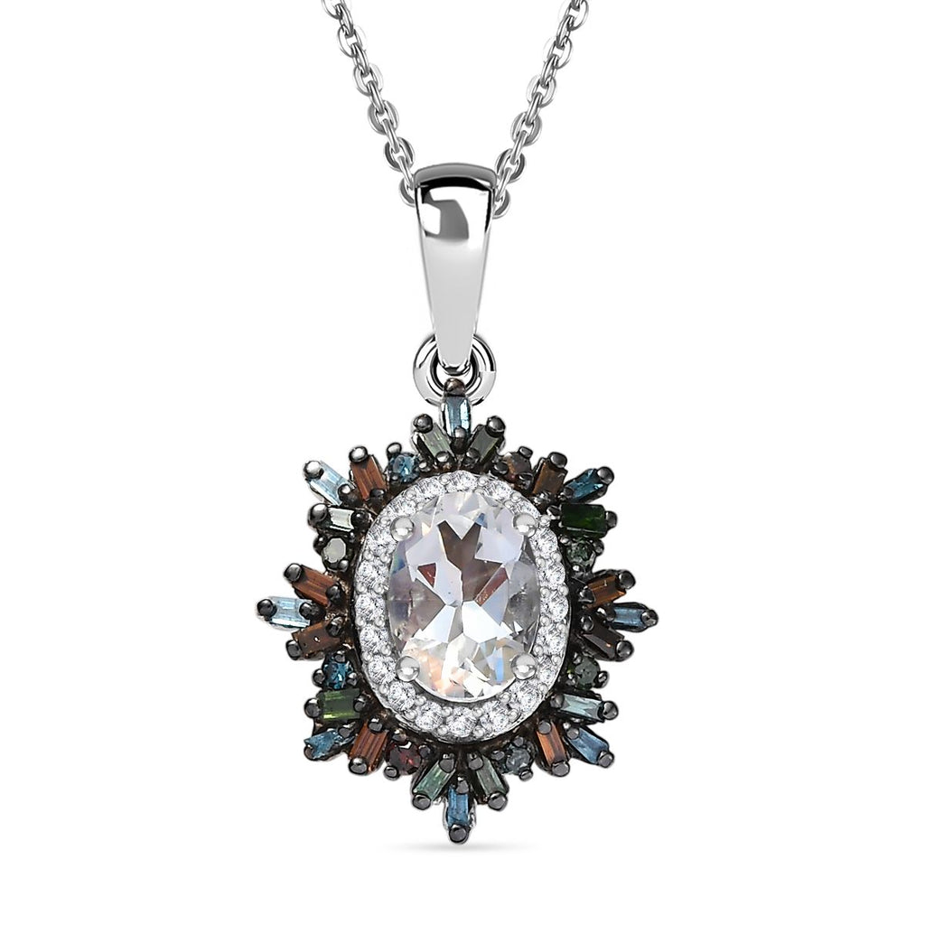 D'joy AAA Premium Malagasy Mondstein, Roter Diamant Starlit Bloom Anhänger mit Kette ca. 50 cm, 925 Silber rhodiniert ca. 1.31 ct