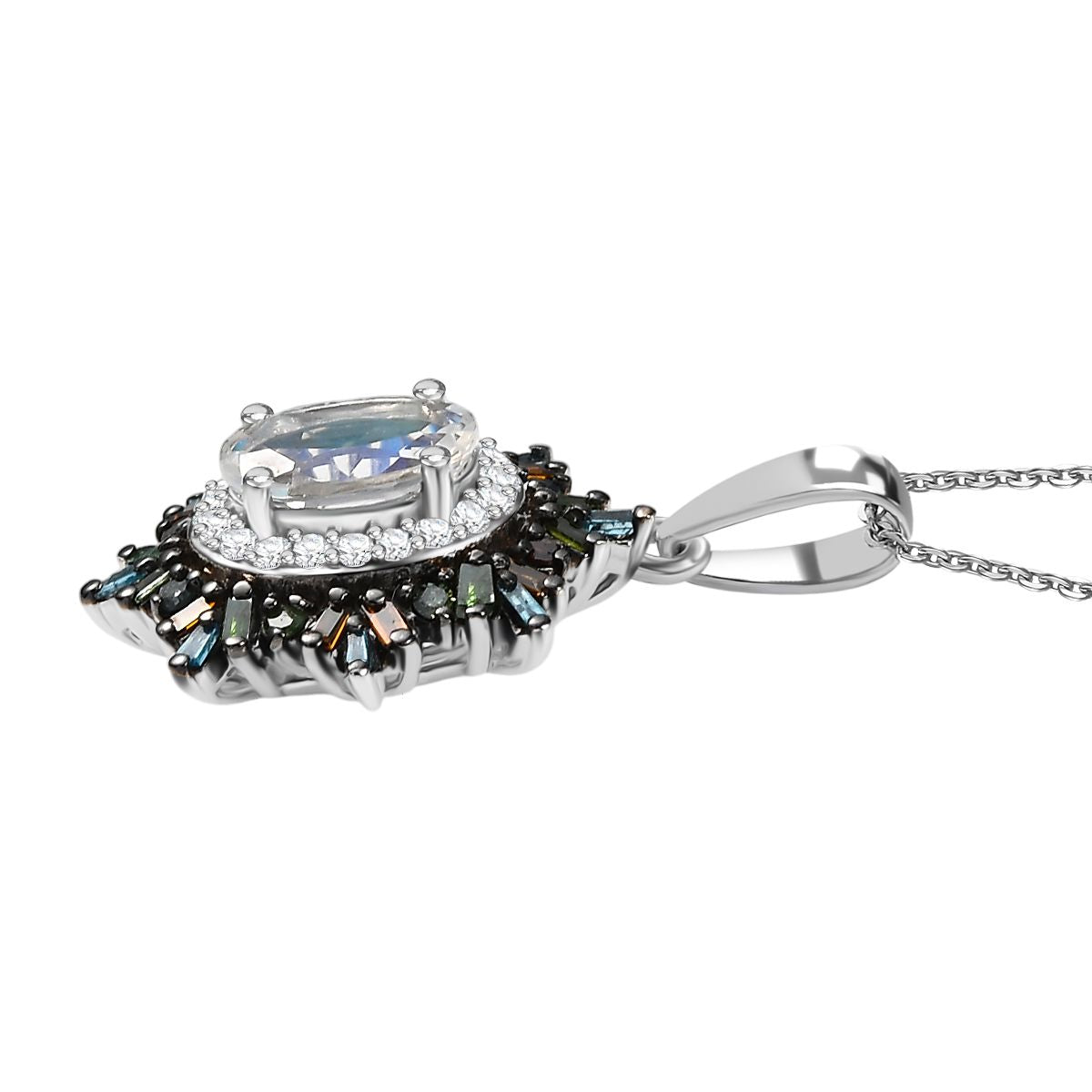 D'joy AAA Premium Malagasy Mondstein, Roter Diamant Starlit Bloom Anhänger mit Kette ca. 50 cm, 925 Silber rhodiniert ca. 1.31 ct