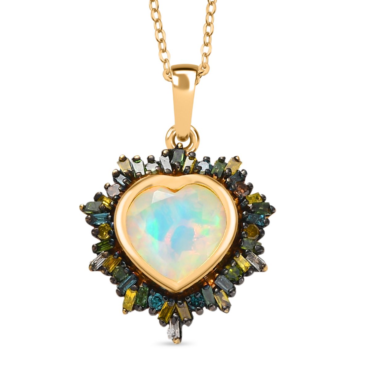 Bloom Heart- D joy Natürlicher, äthiopischer Welo Opal, Natürlicher Mehrfarbiger Diamant Anhänger mit Kette ca. 50 cm, 925 Silber 750 Gelbgold Vermeil ca. 2.05 ct