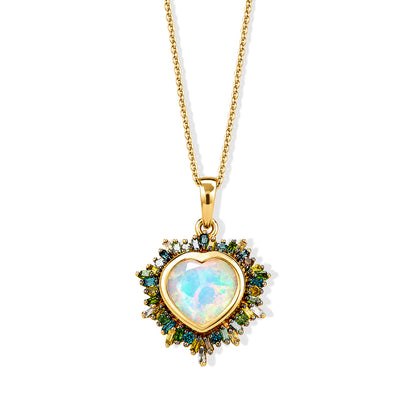 Bloom Heart- D joy Natürlicher, äthiopischer Welo Opal, Natürlicher Mehrfarbiger Diamant Anhänger mit Kette ca. 50 cm, 925 Silber 750 Gelbgold Vermeil ca. 2.05 ct