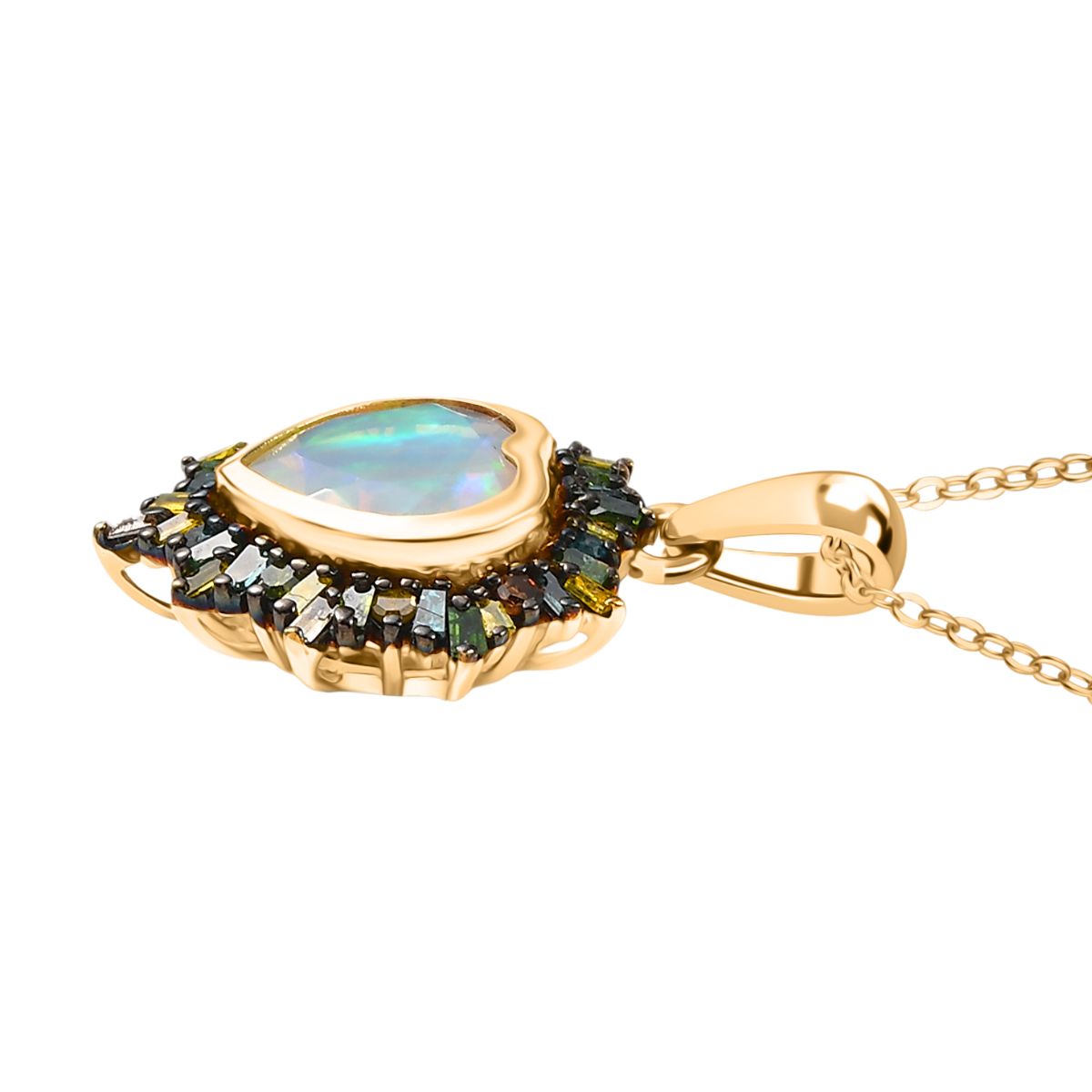 Bloom Heart- D joy Natürlicher, äthiopischer Welo Opal, Natürlicher Mehrfarbiger Diamant Anhänger mit Kette ca. 50 cm, 925 Silber 750 Gelbgold Vermeil ca. 2.05 ct
