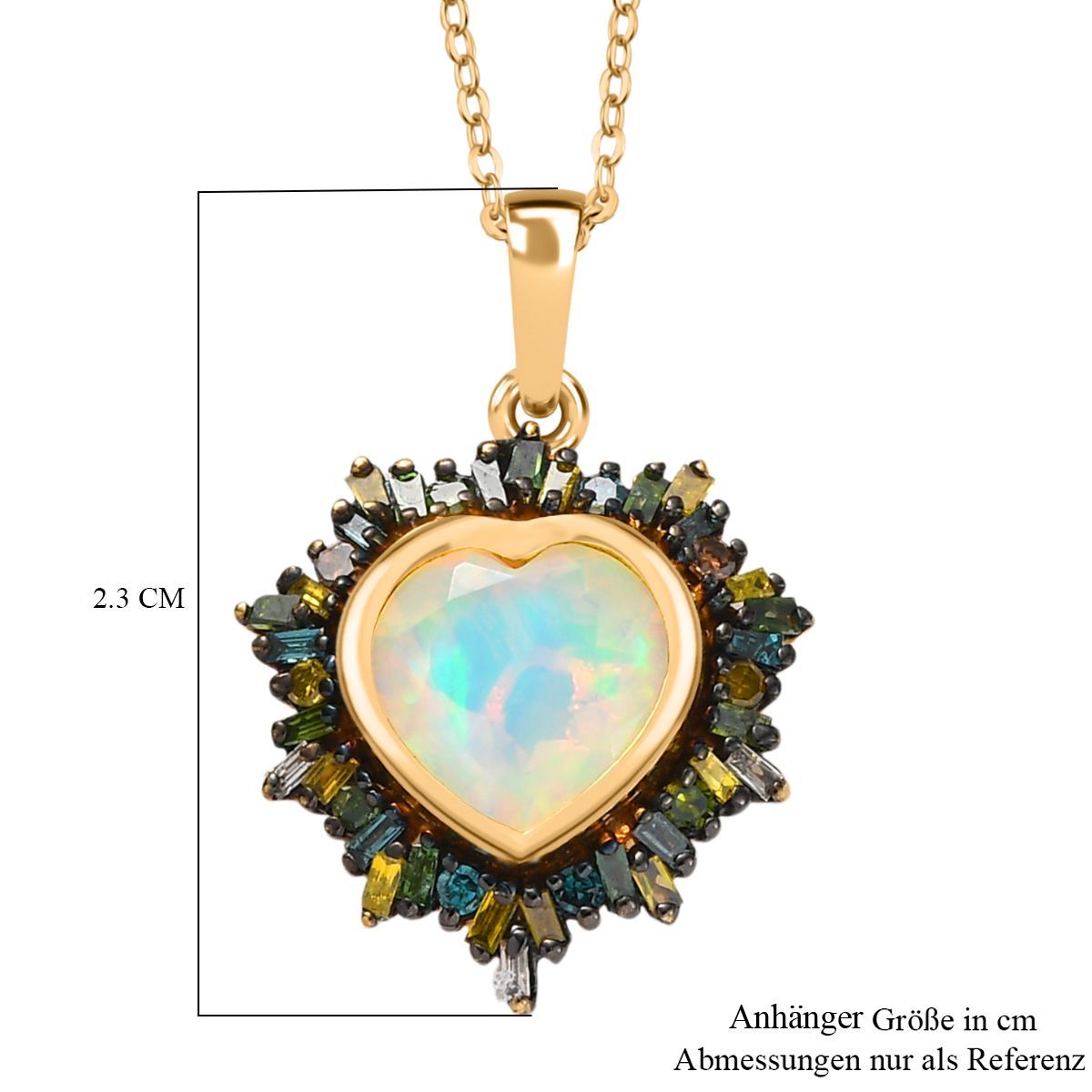 Bloom Heart- D joy Natürlicher, äthiopischer Welo Opal, Natürlicher Mehrfarbiger Diamant Anhänger mit Kette ca. 50 cm, 925 Silber 750 Gelbgold Vermeil ca. 2.05 ct
