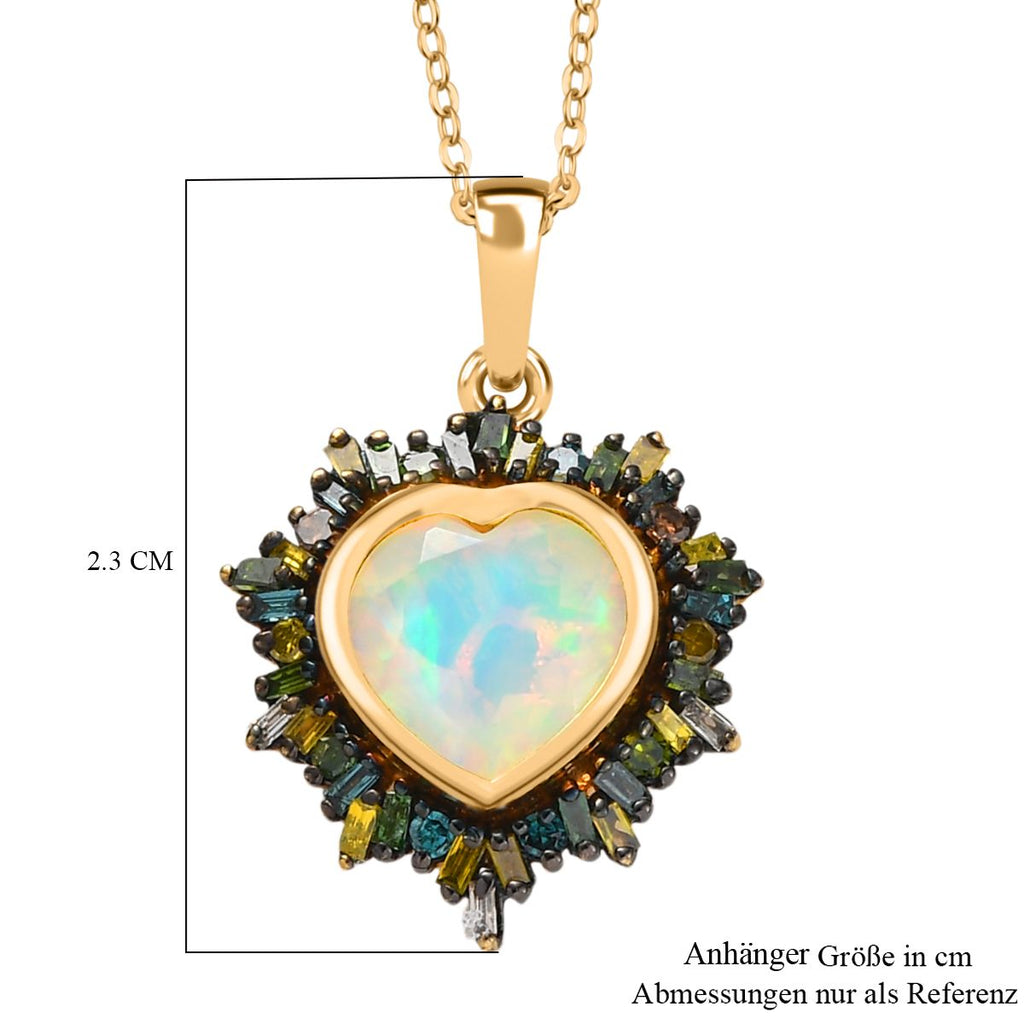 Bloom Heart- D joy Natürlicher, äthiopischer Welo Opal, Natürlicher Mehrfarbiger Diamant Anhänger mit Kette ca. 50 cm, 925 Silber 750 Gelbgold Vermeil ca. 2.05 ct