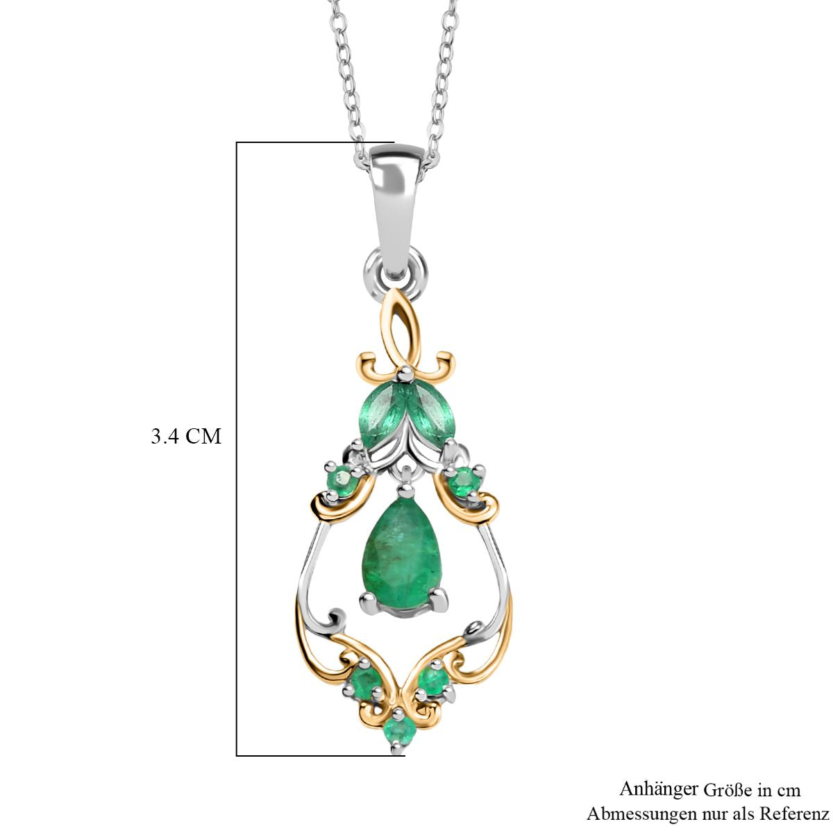 Timeless Regal - D joy Kagem Sambischer Smaragd, Smaragd Anhänger mit Kette, 925 Silber rhodiniert, 925 Silber Rhodiniert und 750 Gelbgold Vermeil ca. 0,64 ct.