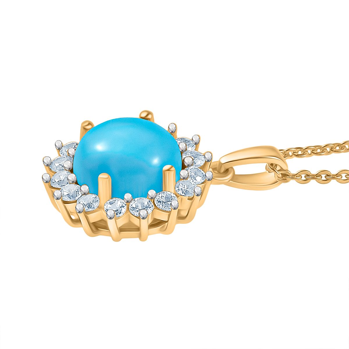 D joy AA Sleeping Beauty Türkis, Weißer Zirkon Anhänger mit Kette, 925 Silber 750 Gelbgold Vermeil ca. 3.08 ct