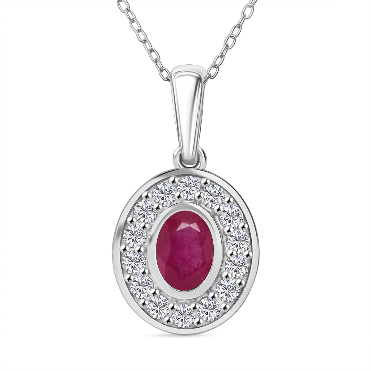 Natürlicher burmesischer Rubin, Weißer Zirkon Anhänger mit Kette ca. 50 cm, 925 Silber rhodiniert ca. 1.29 ct