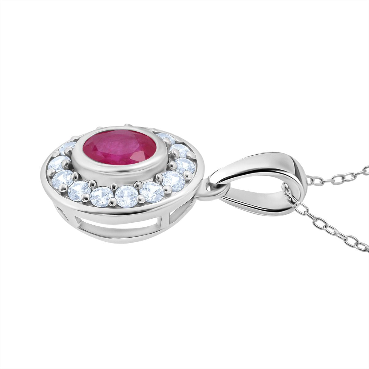 Natürlicher burmesischer Rubin, Weißer Zirkon Anhänger mit Kette ca. 50 cm, 925 Silber rhodiniert ca. 1.29 ct