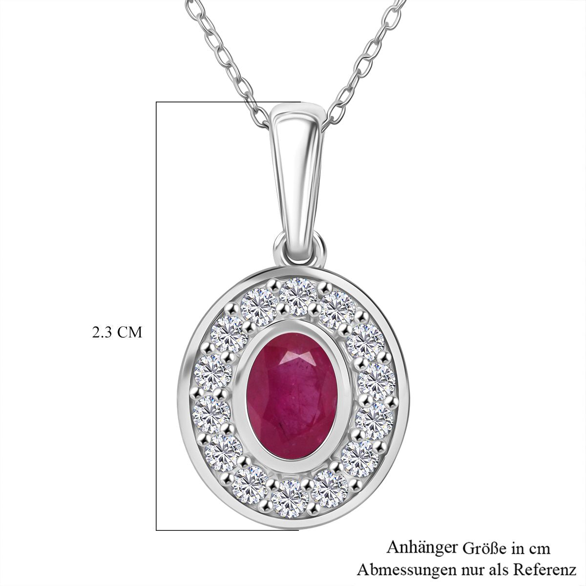 Natürlicher burmesischer Rubin, Weißer Zirkon Anhänger mit Kette ca. 50 cm, 925 Silber rhodiniert ca. 1.29 ct