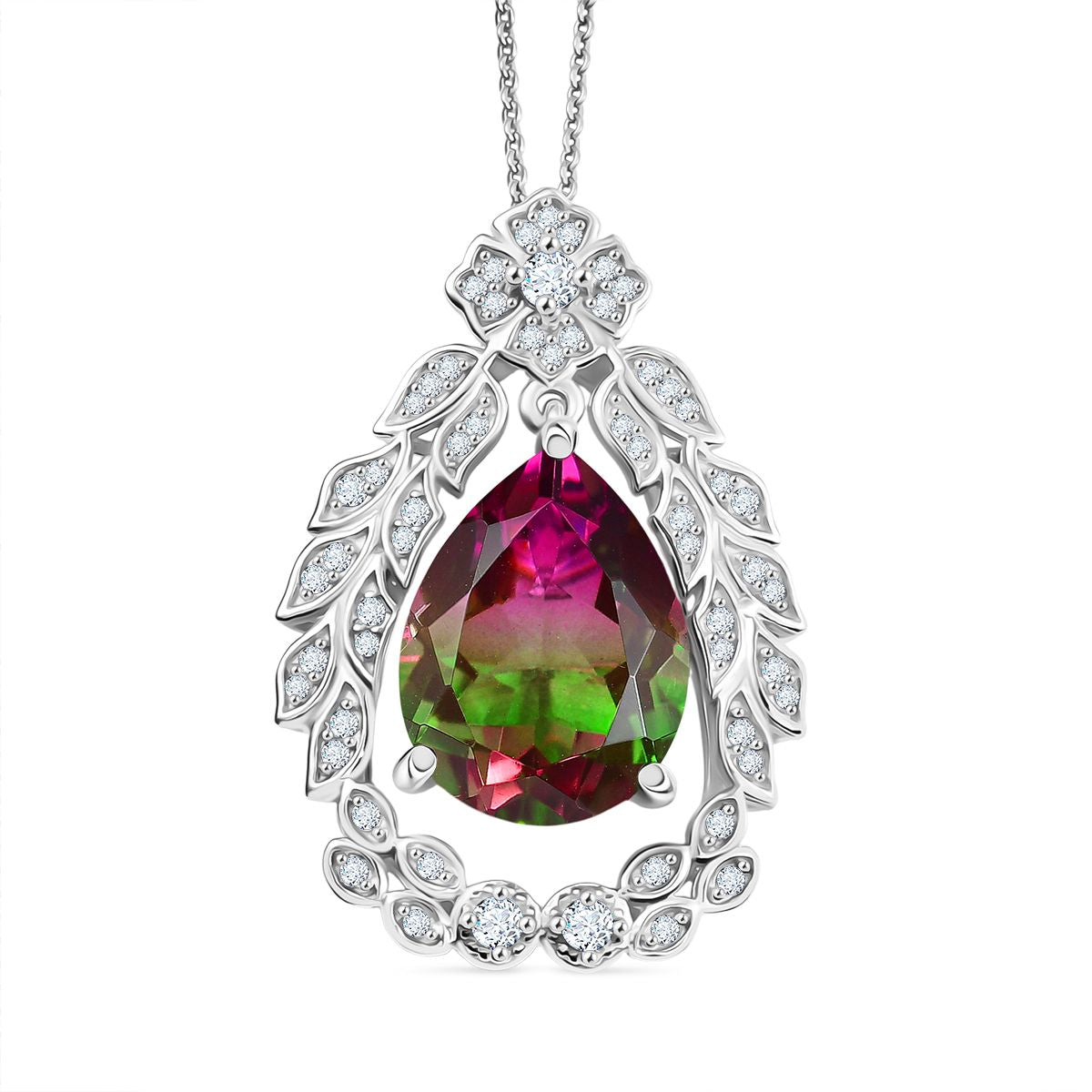 Garden Grace - D'joy Wassermelonen Quarz Triplette, Weißer Zirkon Anhänger mit Kette ca. 45 cm, 925 Silber rhodiniert ca. 11.36 ct