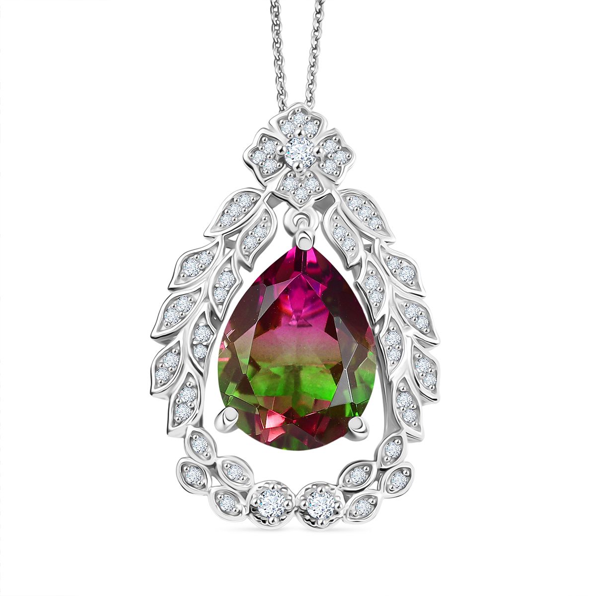 Garden Grace - D'joy Wassermelonen Quarz Triplette, Weißer Zirkon Anhänger mit Kette ca. 45 cm, 925 Silber rhodiniert ca. 11.36 ct