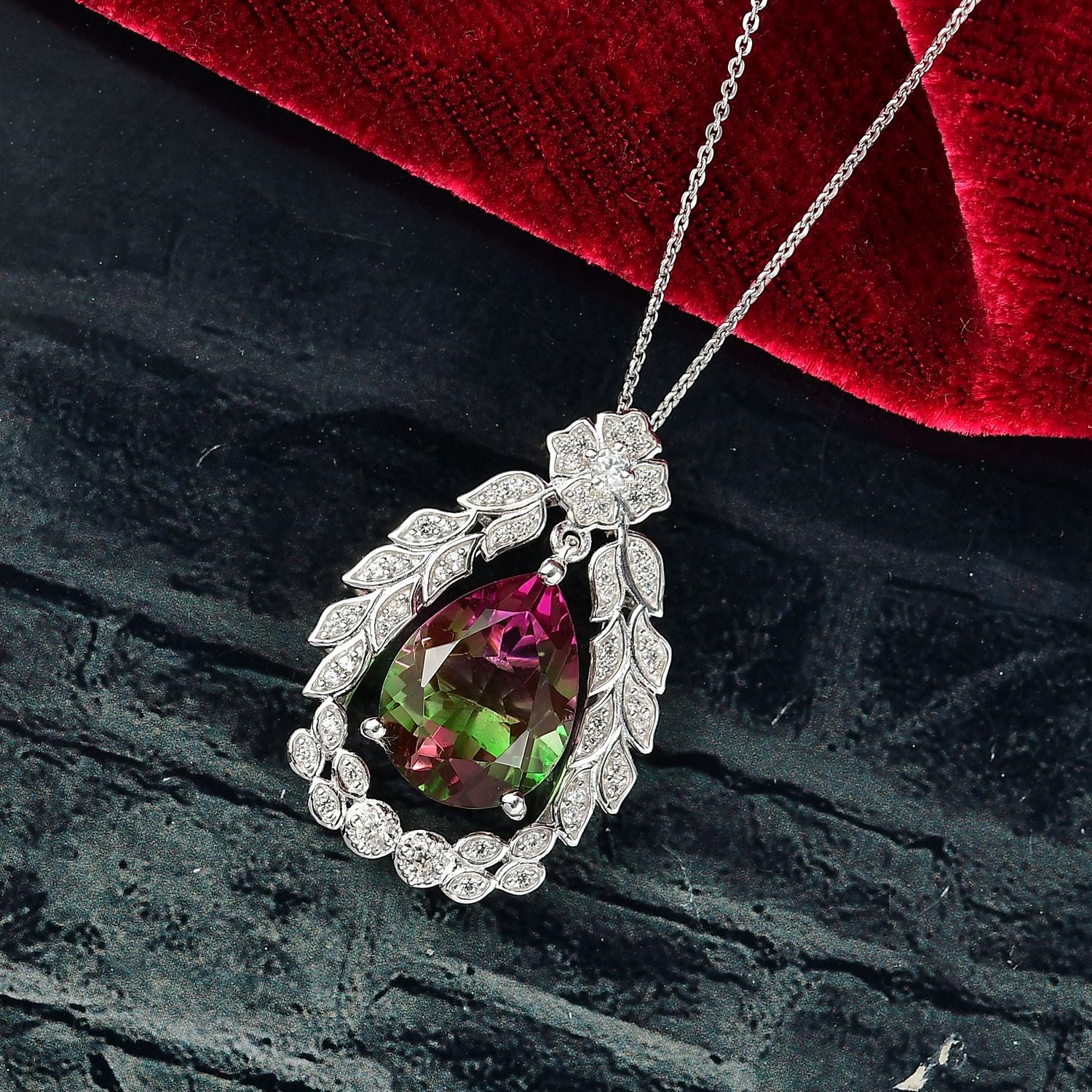 Garden Grace - D'joy Wassermelonen Quarz Triplette, Weißer Zirkon Anhänger mit Kette ca. 45 cm, 925 Silber rhodiniert ca. 11.36 ct