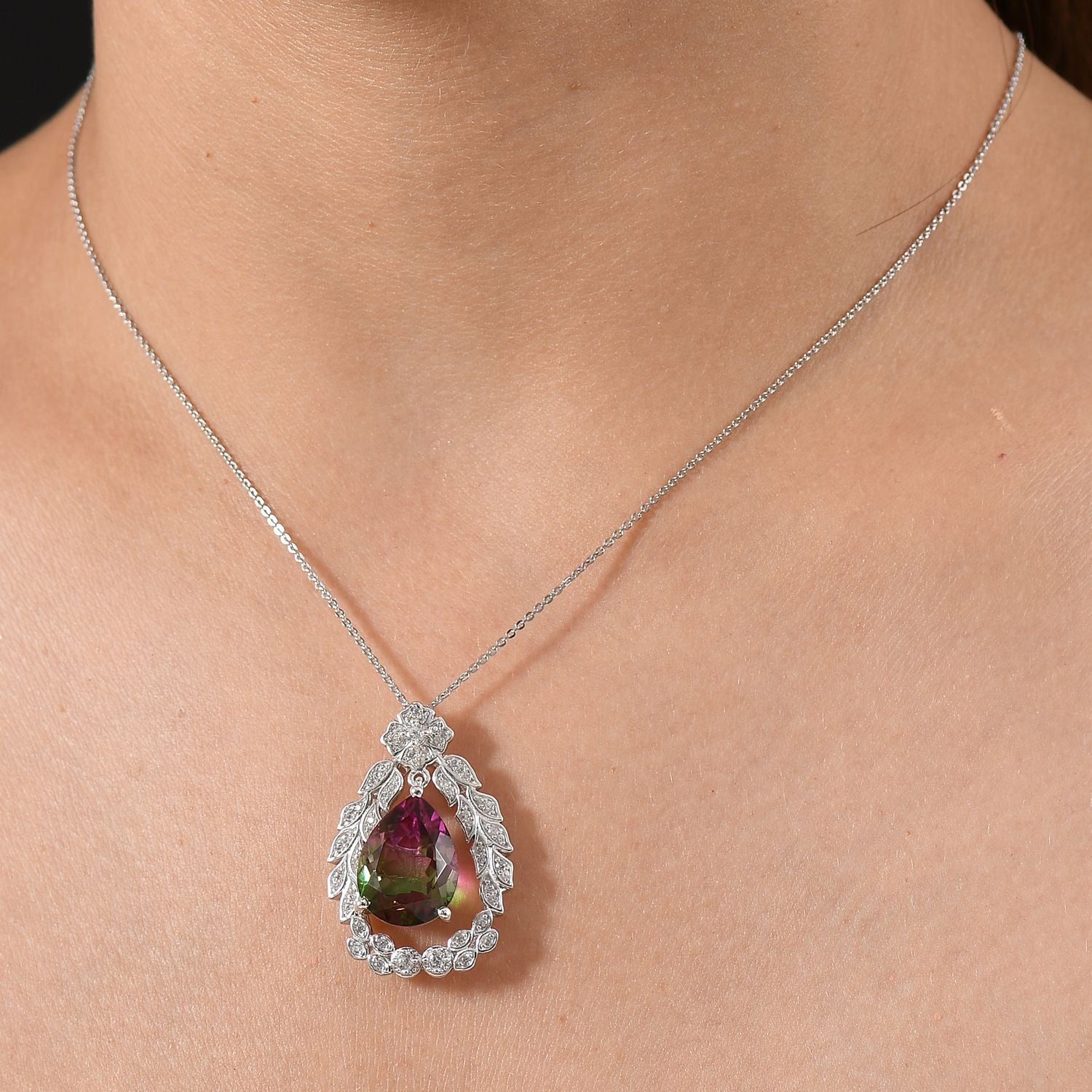 Garden Grace - D'joy Wassermelonen Quarz Triplette, Weißer Zirkon Anhänger mit Kette ca. 45 cm, 925 Silber rhodiniert ca. 11.36 ct