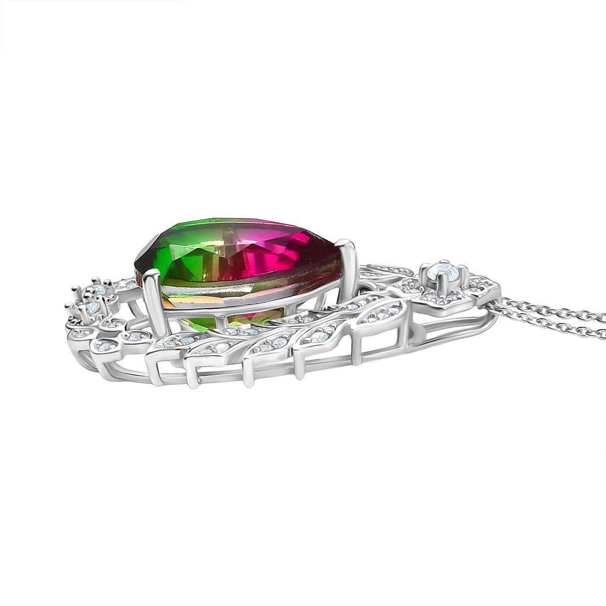 Garden Grace - D'joy Wassermelonen Quarz Triplette, Weißer Zirkon Anhänger mit Kette ca. 45 cm, 925 Silber rhodiniert ca. 11.36 ct
