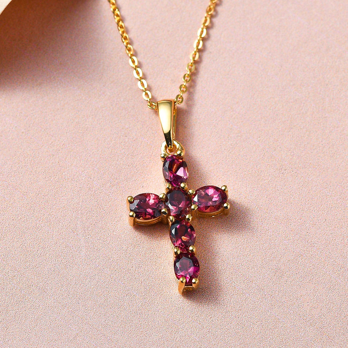 AA Rubellit Kreuz-Anhänger mit Kette, 925 Silber Gelbgold Vermeil ca. 1.09 ct