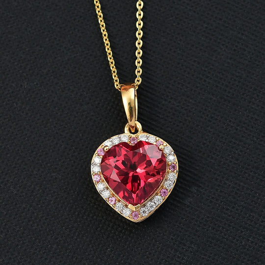 Flame of Grace - D joy Lab Created Padparadscha-Saphir , Moissanit Anhänger mit Kette, 925 Silber 750 Gelbgold Vermeil ca. 6.49 ct