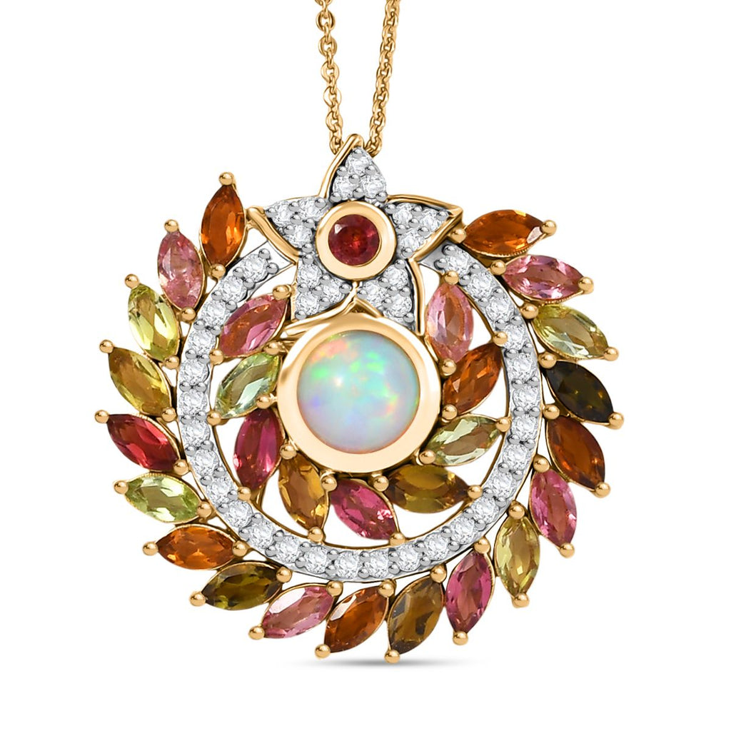 D'joy AA Natürlicher, äthiopischer Welo Opal, Mehrfarbig-Turmalin Schmuckset ca. 50 cm, 925 Silber 750 Gelbgold Vermeil ca. 5.54 ct