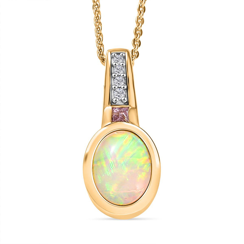 D joy Natürlicher, äthiopischer Welo Opal, Rosa Saphir Anhänger mit Kette, 925 Silber vergoldet ca. 1.32 ct