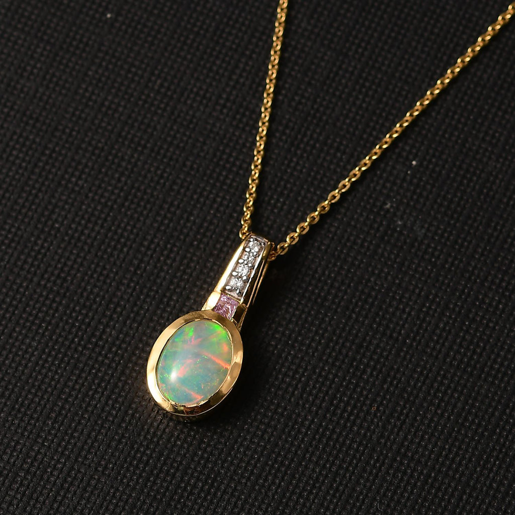 D joy Natürlicher, äthiopischer Welo Opal, Rosa Saphir Anhänger mit Kette, 925 Silber vergoldet ca. 1.32 ct