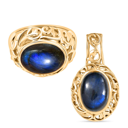 2er Set - Labradorit Ring und Anhänger, (Größe 20.00), Nickelfreies Gelb Messing, ca. 14.00 ct