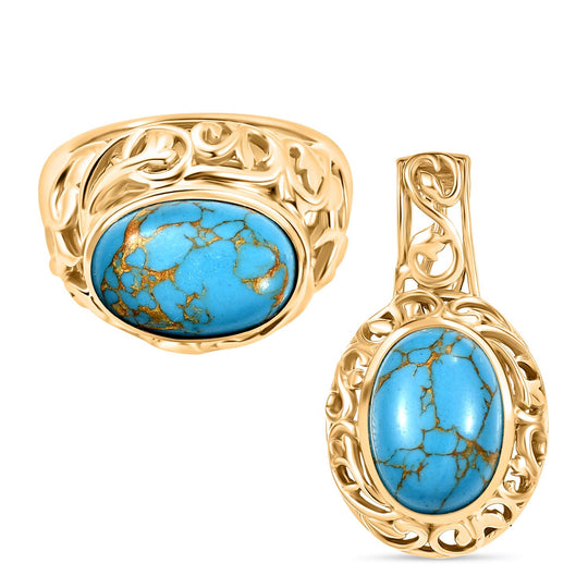 2er Set - Blauer Türkis Ring und Anhänger, (Größe 20.00), Nickelfreies Gelb Messing, ca. 14.00 ct