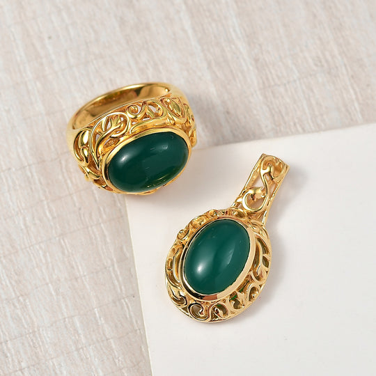 2er Set - Verde Onyx Ring und Anhänger, (Größe 19.00), Nickelfreies Gelb Messing, ca. 14.00 ct