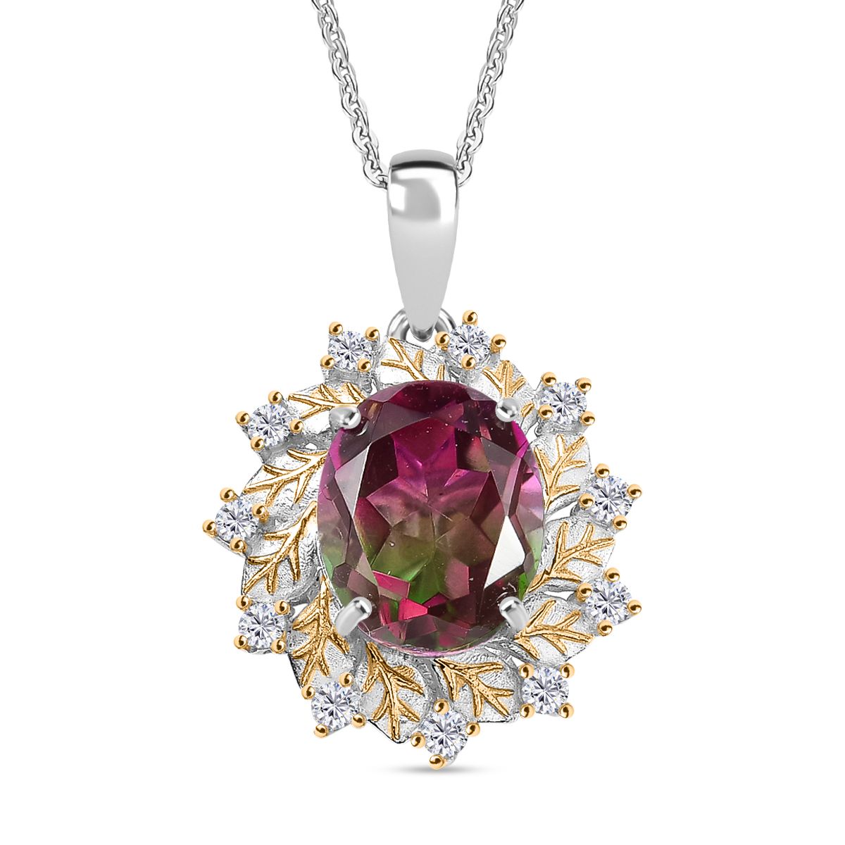 Bloomfire - D'joy Wassermelonen Quarz Triplette, Weißer Zirkon Anhänger mit Kette ca. 45 cm, 925 Silber platiniert und vergoldet ca. 4.40 ct