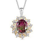 Bloomfire - D'joy Wassermelonen Quarz Triplette, Weißer Zirkon Anhänger mit Kette ca. 45 cm, 925 Silber platiniert und vergoldet ca. 4.40 ct