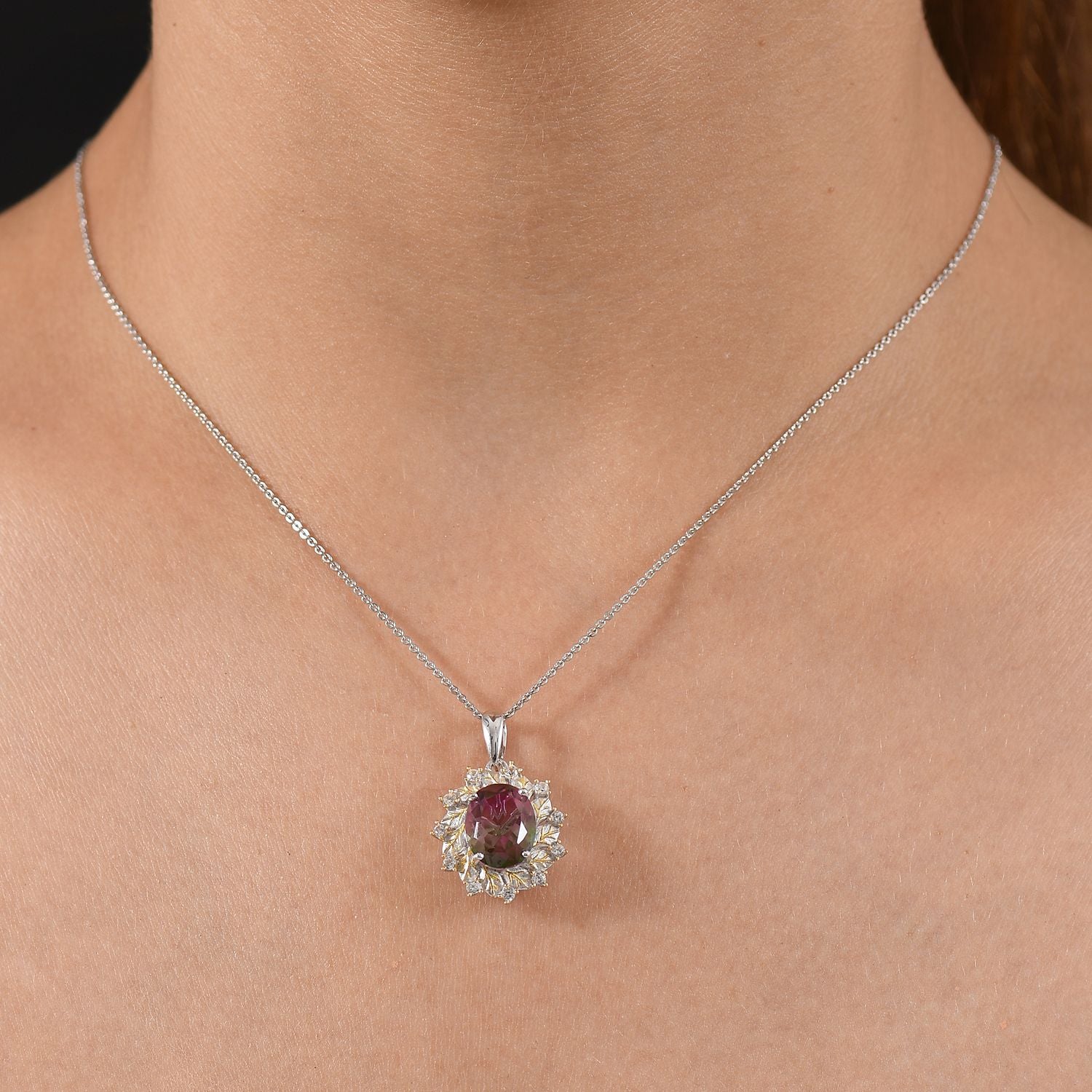 Bloomfire - D'joy Wassermelonen Quarz Triplette, Weißer Zirkon Anhänger mit Kette ca. 45 cm, 925 Silber platiniert und vergoldet ca. 4.40 ct