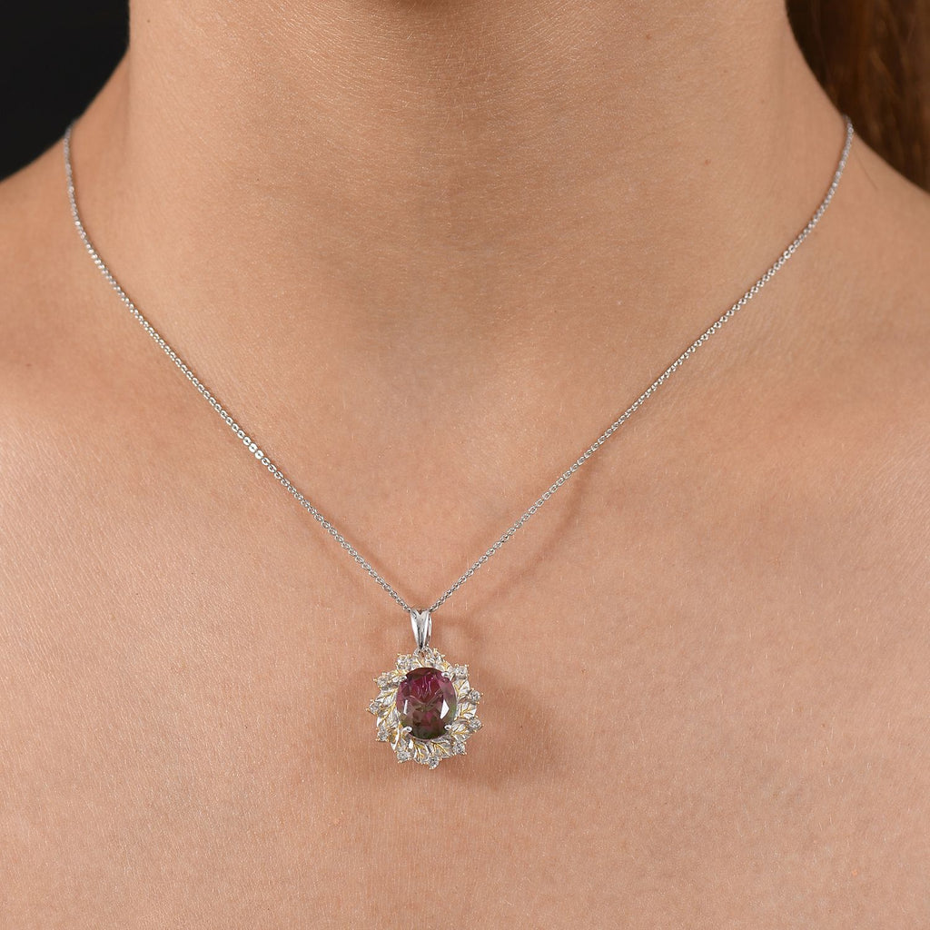 Bloomfire - D'joy Wassermelonen Quarz Triplette, Weißer Zirkon Anhänger mit Kette ca. 45 cm, 925 Silber platiniert und vergoldet ca. 4.40 ct