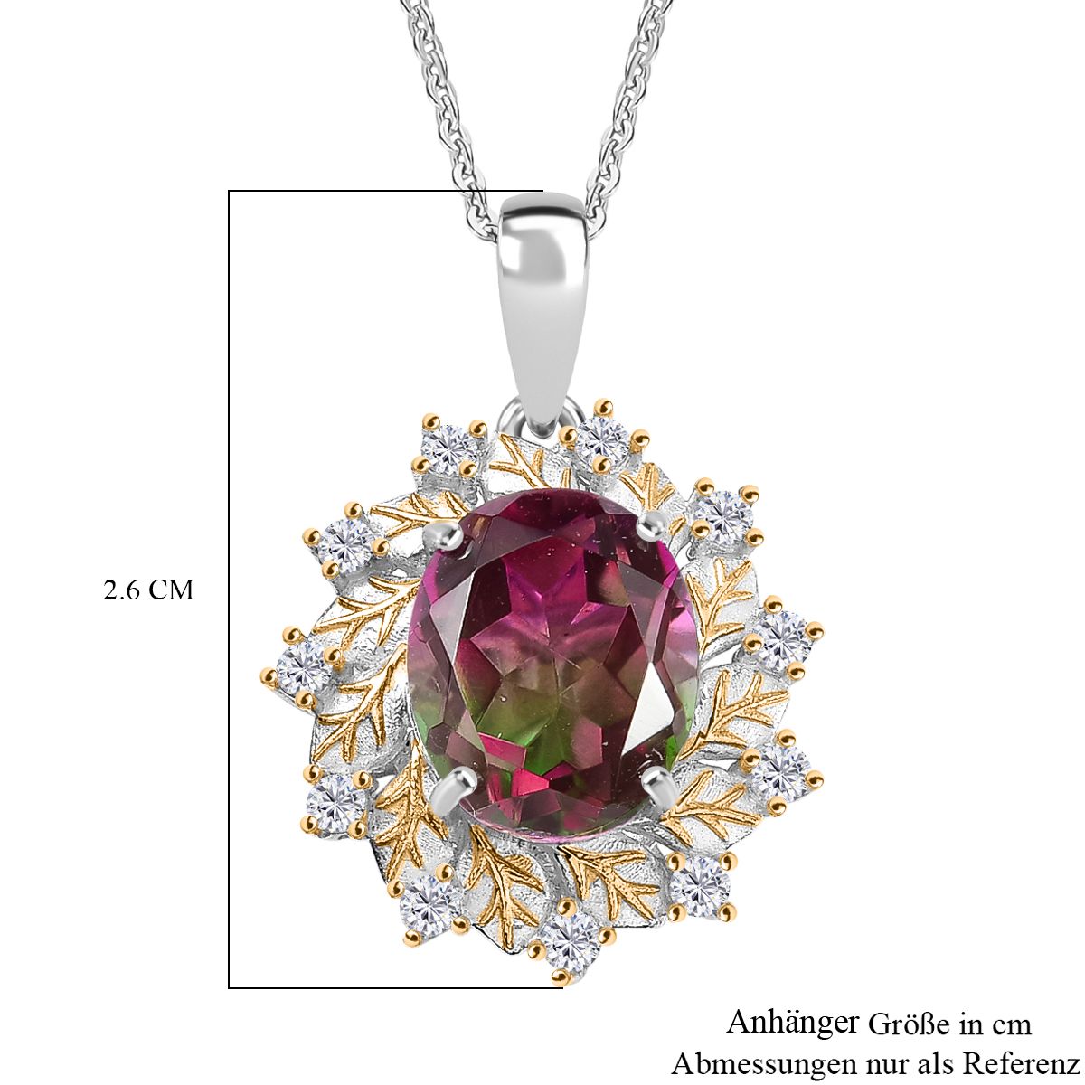 Bloomfire - D'joy Wassermelonen Quarz Triplette, Weißer Zirkon Anhänger mit Kette ca. 45 cm, 925 Silber platiniert und vergoldet ca. 4.40 ct