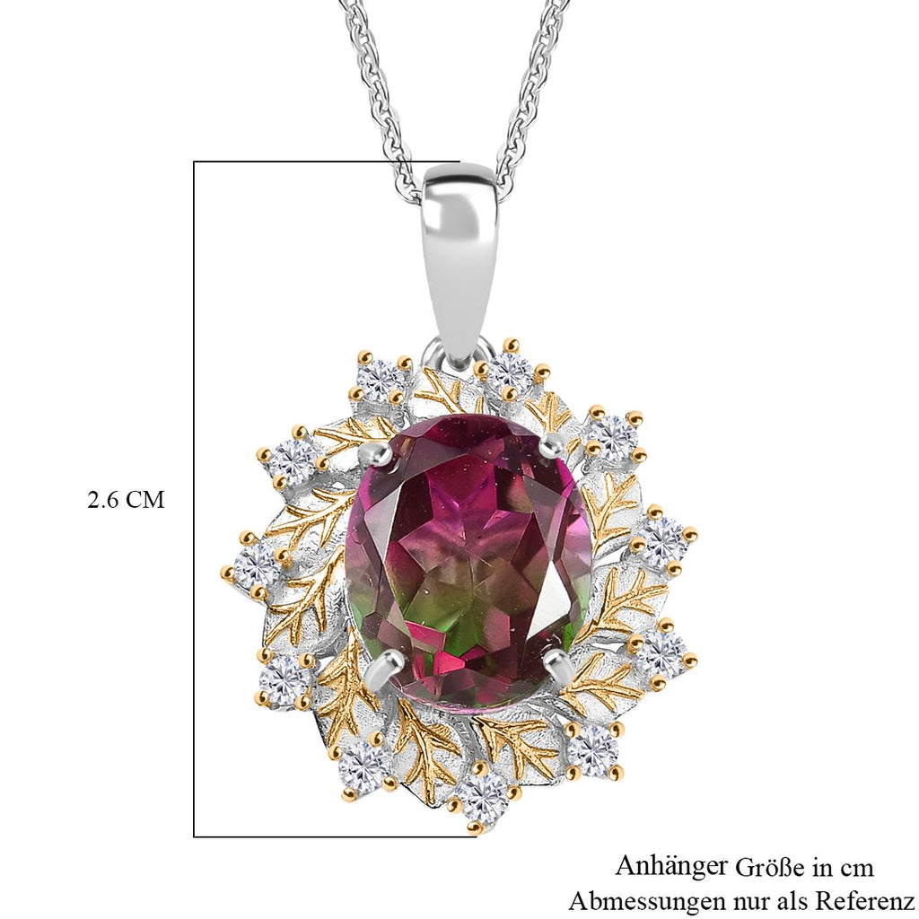 Bloomfire - D'joy Wassermelonen Quarz Triplette, Weißer Zirkon Anhänger mit Kette ca. 45 cm, 925 Silber platiniert und vergoldet ca. 4.40 ct