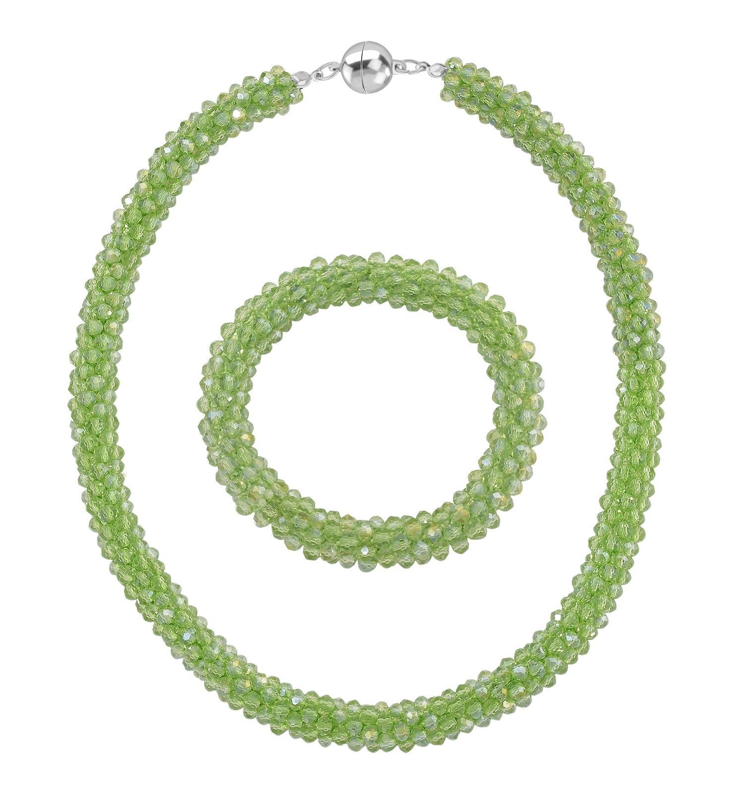 2er Set - Grüner Kristall Halskette und Armband, flexibel
