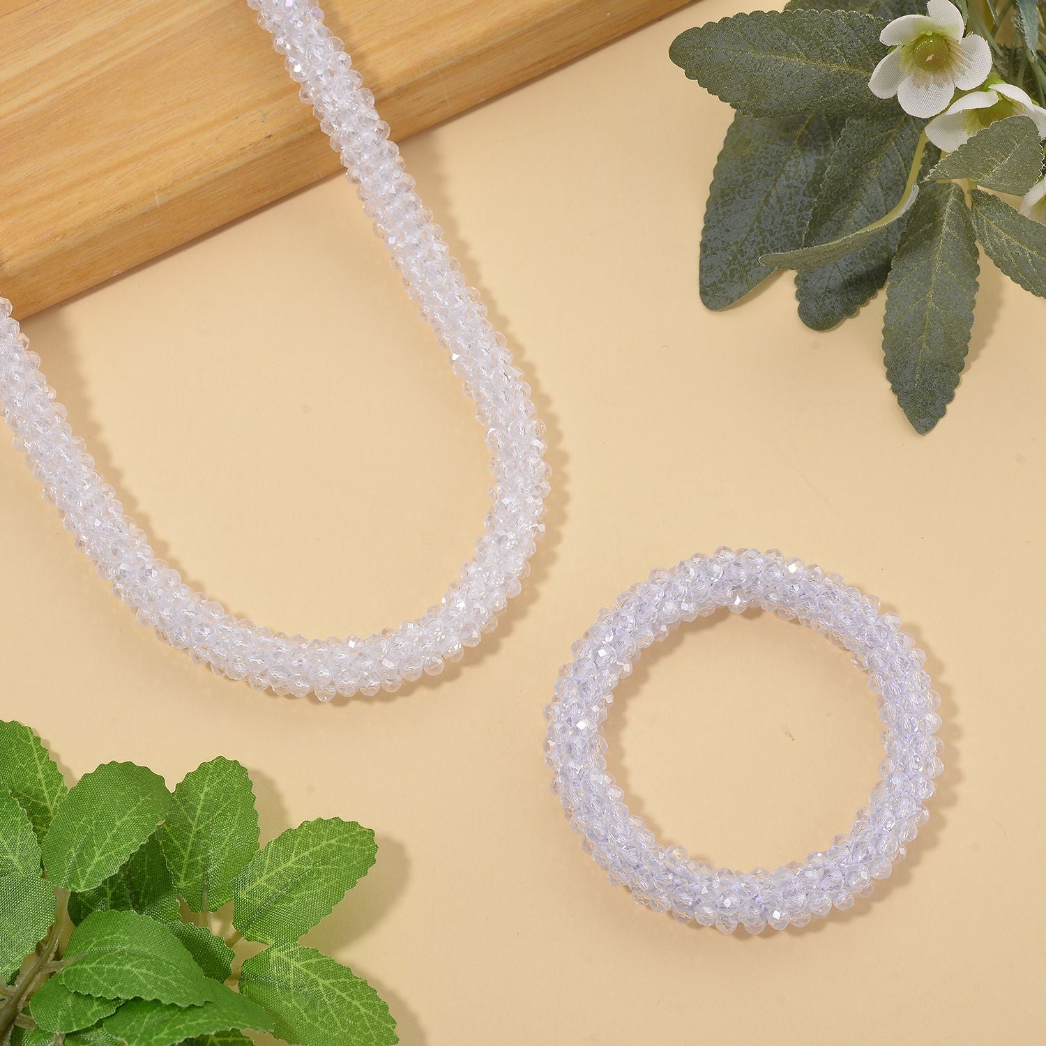 2er Set - Weißer Kristall Halskette und Armband, flexibel